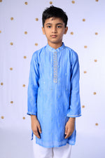 Load image into Gallery viewer, Boys Sky Blue Silk Kurta with Mirror Work and Gota Embroidery - CuddlesClothing