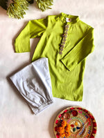 Load image into Gallery viewer, Boys Lime Green Cotton Kurta & White Pajama Set - CuddlesClothing