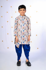 Load image into Gallery viewer, Boys' Cream Ikat Print Asymmetric Kurta and Blue Dhoti Set - CuddlesClothing