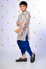 Load image into Gallery viewer, Boys' Cream Ikat Print Asymmetric Kurta and Blue Dhoti Set - CuddlesClothing