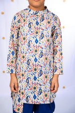 Load image into Gallery viewer, Boys' Cream Ikat Print Asymmetric Kurta and Blue Dhoti Set - CuddlesClothing