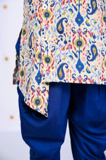 Load image into Gallery viewer, Boys' Cream Ikat Print Asymmetric Kurta and Blue Dhoti Set - CuddlesClothing