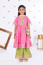Load image into Gallery viewer, Pink Foil Print Kurta & Lime Green Pant Set for Girls - CuddlesClothing