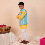 Load image into Gallery viewer, Boys Yellow Leheriya Kurta with Turquoise Embroidered Nehru Jacket - CuddlesClothing