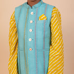 Load image into Gallery viewer, Boys Yellow Leheriya Kurta with Turquoise Embroidered Nehru Jacket - CuddlesClothing