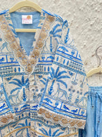 Load image into Gallery viewer, Blue Muslin Front-Open Jacket with Mul Chanderi Sharara Set