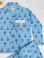 Load image into Gallery viewer, Personalized Light Blue Sailboat Cotton Nightsuit for Boys - CuddlesClothing