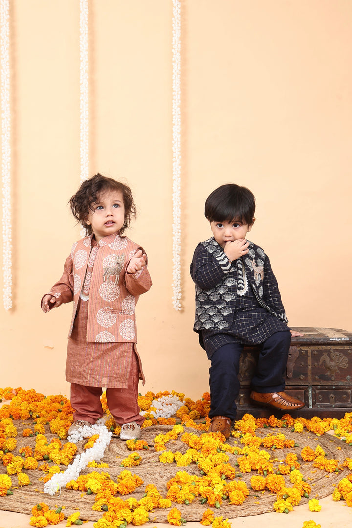 Rust Deer Motif Georgette Kurta Jacket Set