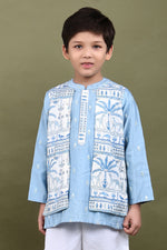 Load image into Gallery viewer, Blue Mul Chanderi Kurta with Attached Muslin Jacket Set