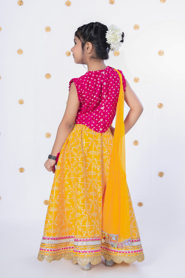 Girls' Pink Mirror Work Choli and Yellow Printed Lehenga Set - CuddlesClothing