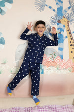 Load image into Gallery viewer, Boys Navy Blue Star Print Cotton Nightsuit - CuddlesClothing