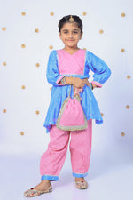 Load image into Gallery viewer, Girls Blue and Pink Embroidered Kurta Set with Matching Potli - CuddlesClothing