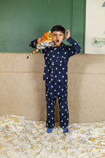 Load image into Gallery viewer, Boys Navy Blue Star Print Cotton Nightsuit - CuddlesClothing