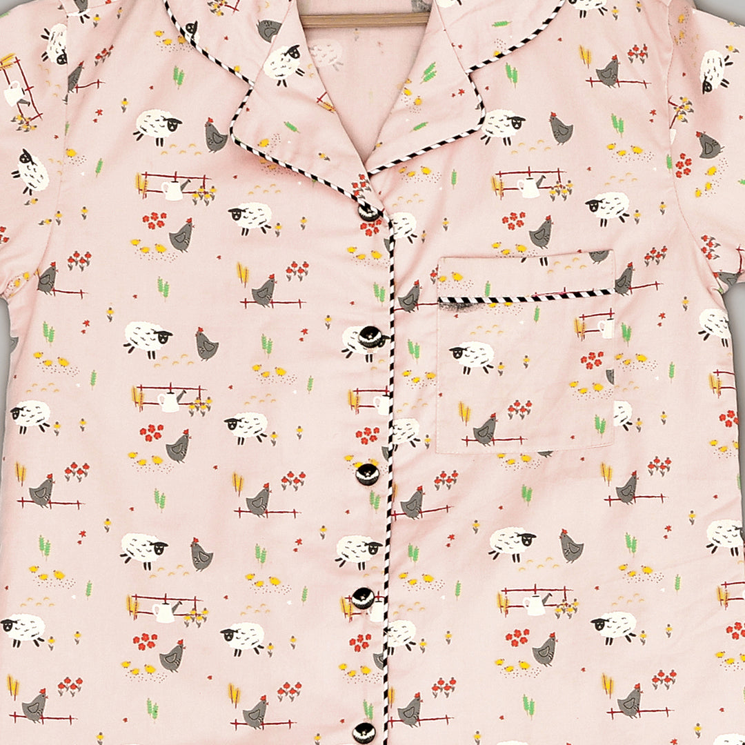 Kids Pink Farm Animals Print Cotton Nightsuit - CuddlesClothing