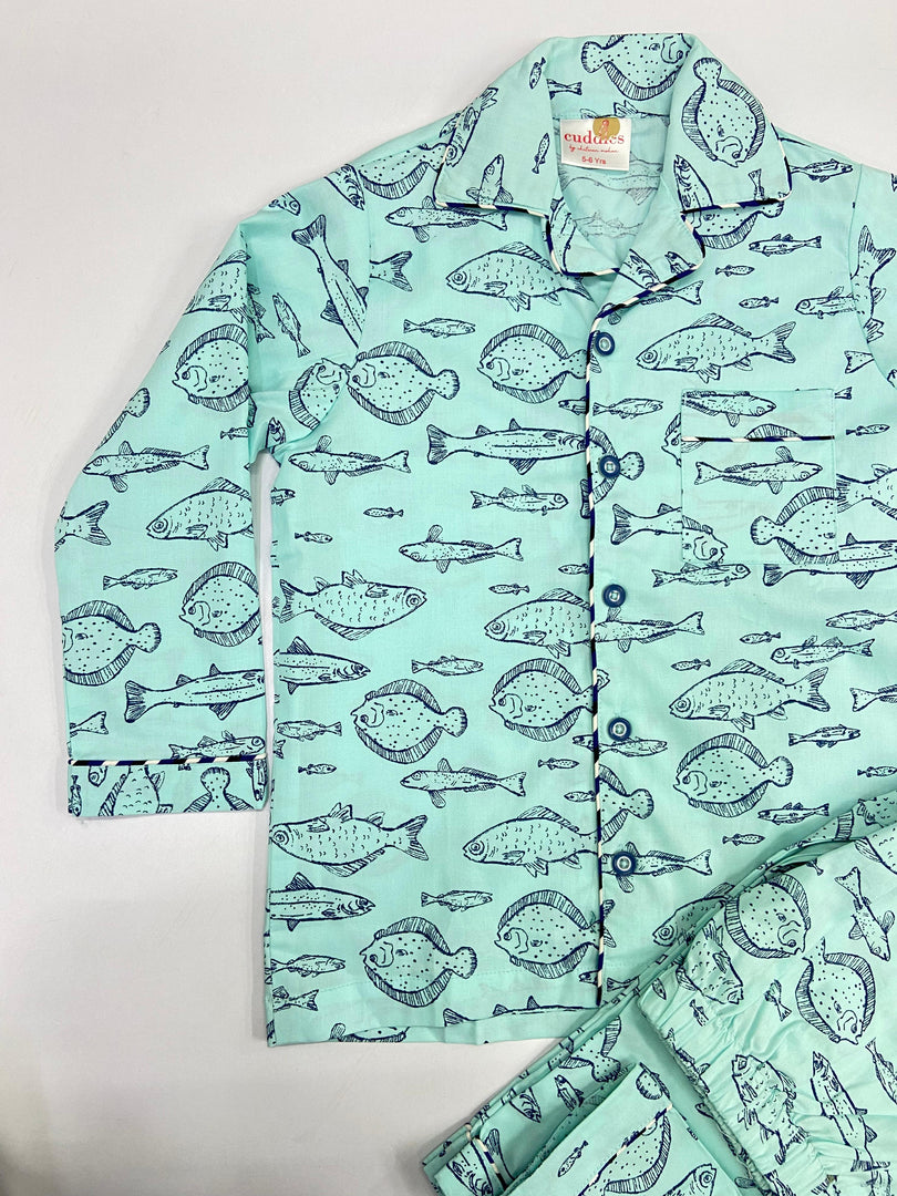 Boys Light Blue Fish Print Cotton Nightsuit Set - CuddlesClothing