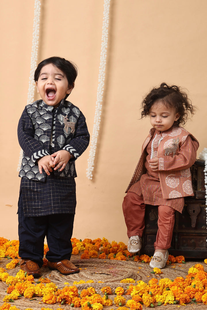 Navy Deer Embroidered Georgette 3 Pc Kurta Set