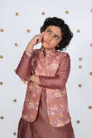 Boys Silk Kurta with Printed Nehru Jacket and Pajama - CuddlesClothing