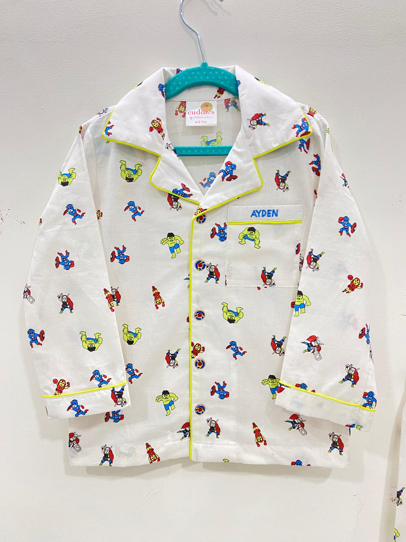 Superhero Print Multicolor Cotton Nightsuit for Boys - CuddlesClothing