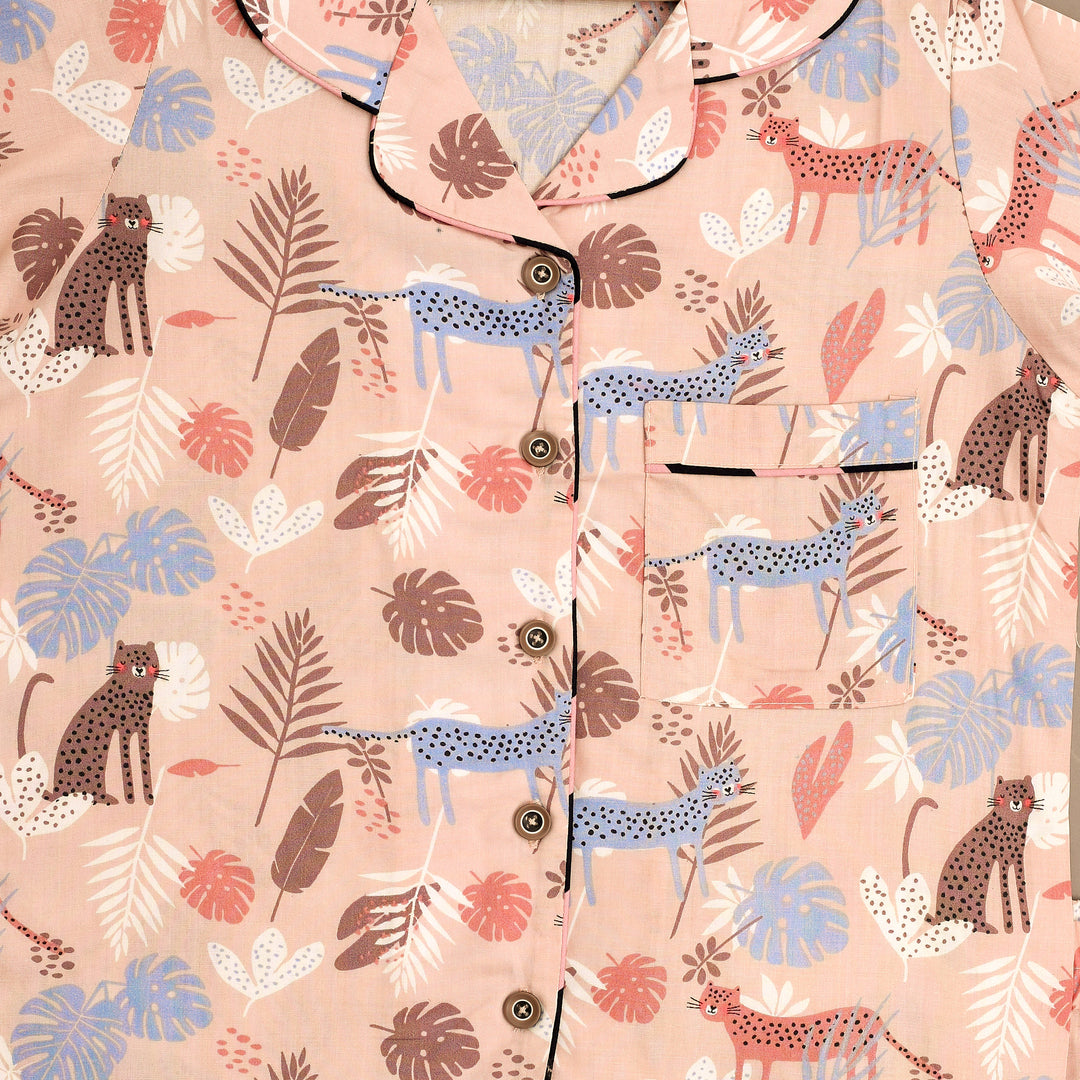 Kids Peach Safari Print Cotton Nightsuit - CuddlesClothing