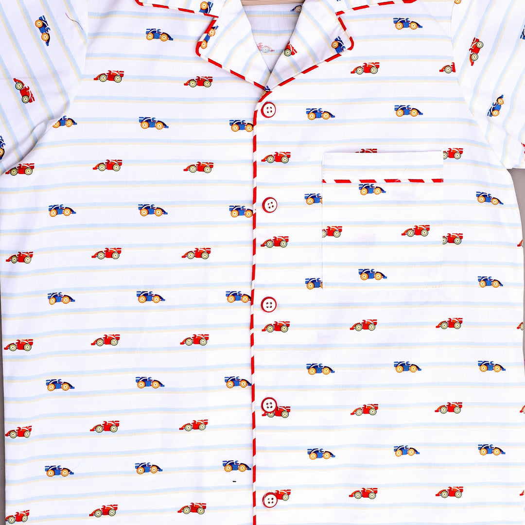 Boys White Race Car Print Cotton Nightsuit - CuddlesClothing