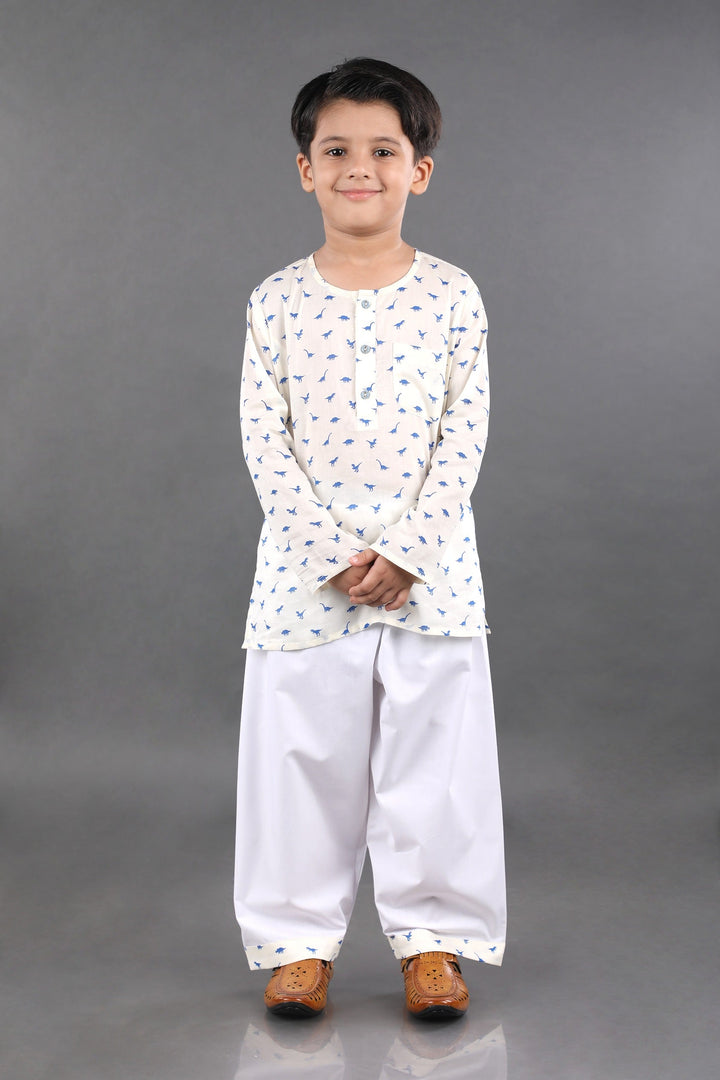 White Muslin Cotton Dino Kids Nightwear - CuddlesClothing