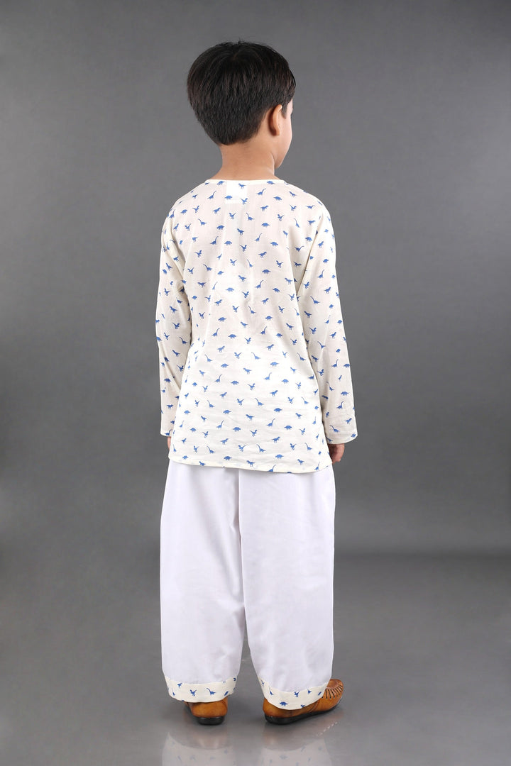 White Muslin Cotton Dino Kids Nightwear - CuddlesClothing