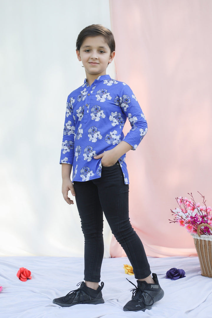 Kids Robot Print Mandarin Collar Shirt - CuddlesClothing