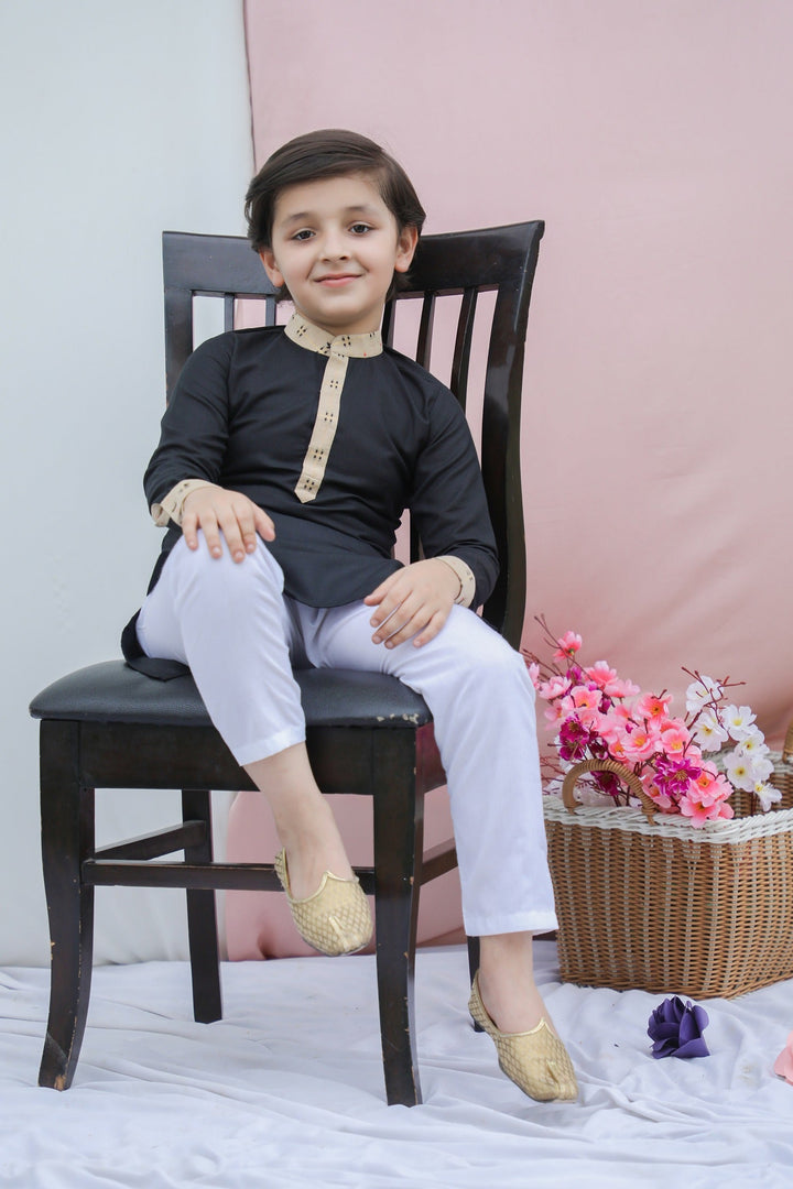 Black Cotton Silk Boys Kurta Pajama - CuddlesClothing