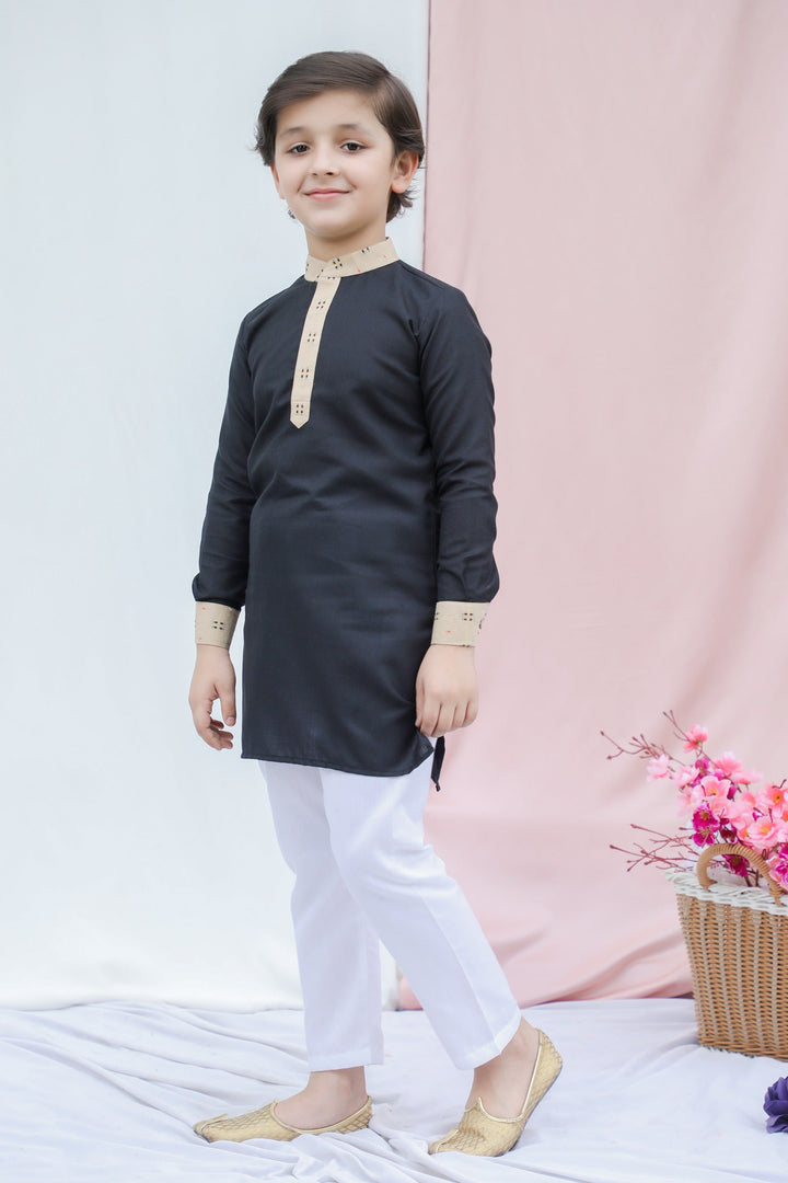 Black Cotton Silk Boys Kurta Pajama - CuddlesClothing