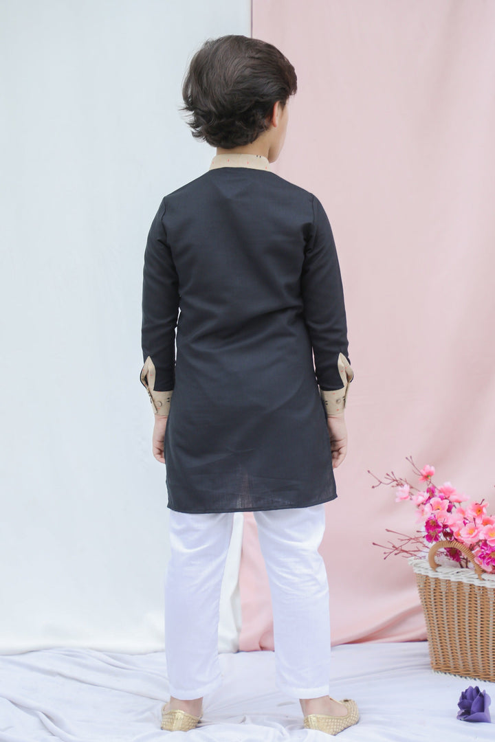 Black Cotton Silk Boys Kurta Pajama - CuddlesClothing