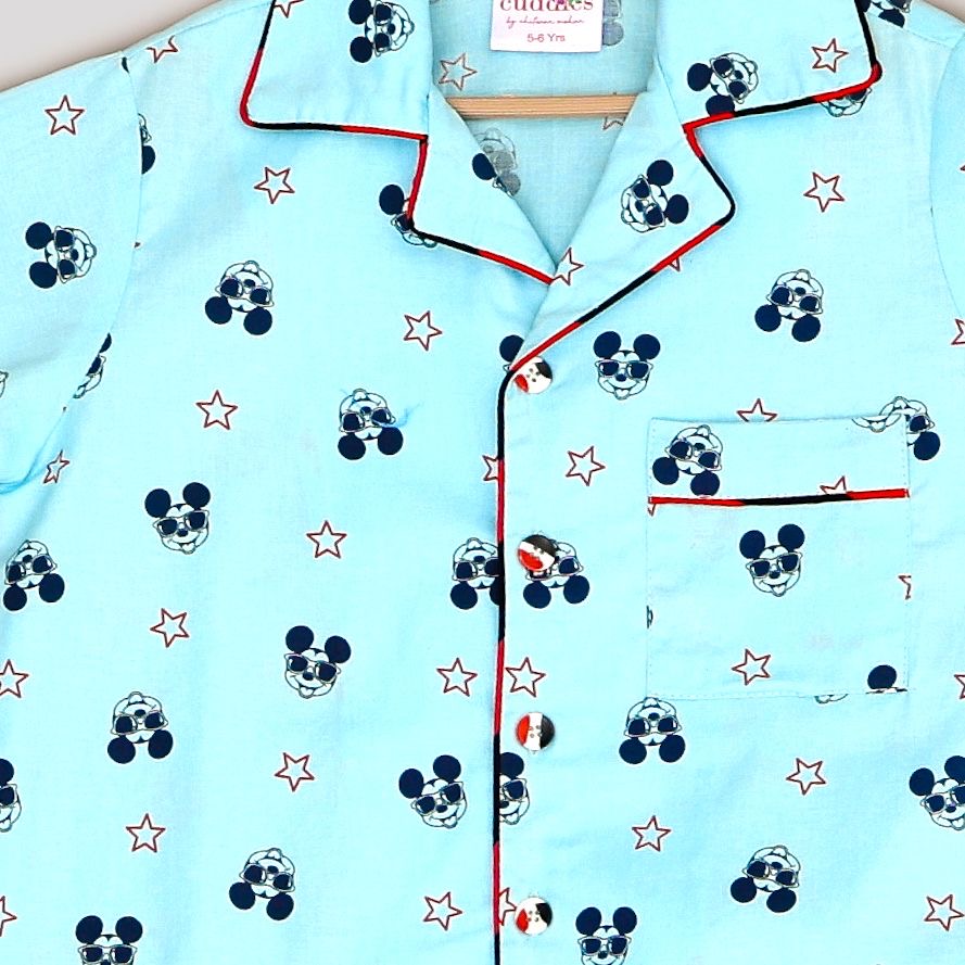 Boys Light Blue Mickey Mouse Print Cotton Nightsuit - CuddlesClothing