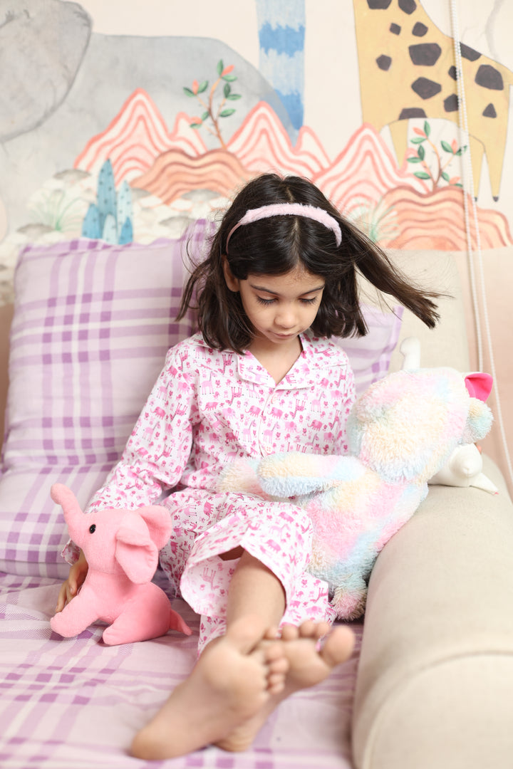 Girls Pink Safari Animals Print Nightsuit - CuddlesClothing