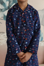 Load image into Gallery viewer, Kids Navy Blue Nautical Starfish Print Nightsuit - CuddlesClothing