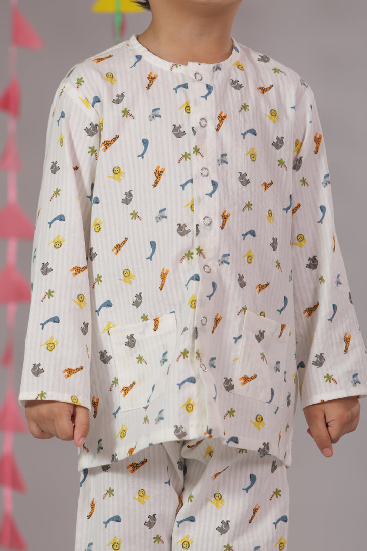 Kids White Muslin Nightsuit with Safari Animal Print - CuddlesClothing