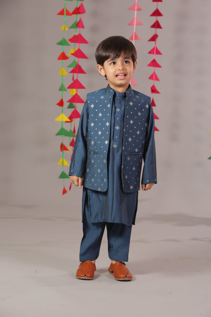 Boys Blue Cotton Silk Block Print Front Open Jacket & Kurta Set - CuddlesClothing