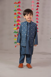 Boys Blue Cotton Silk Block Print Front Open Jacket & Kurta Set - CuddlesClothing