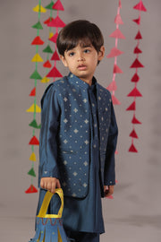 Boys Blue Cotton Silk Block Print Front Open Jacket & Kurta Set - CuddlesClothing