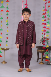 Boys Purple Cotton Silk Block Print Front Open Jacket & Kurta Set - CuddlesClothing