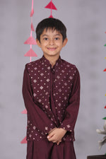 Load image into Gallery viewer, Boys Purple Cotton Silk Block Print Front Open Jacket &amp; Kurta Set - CuddlesClothing