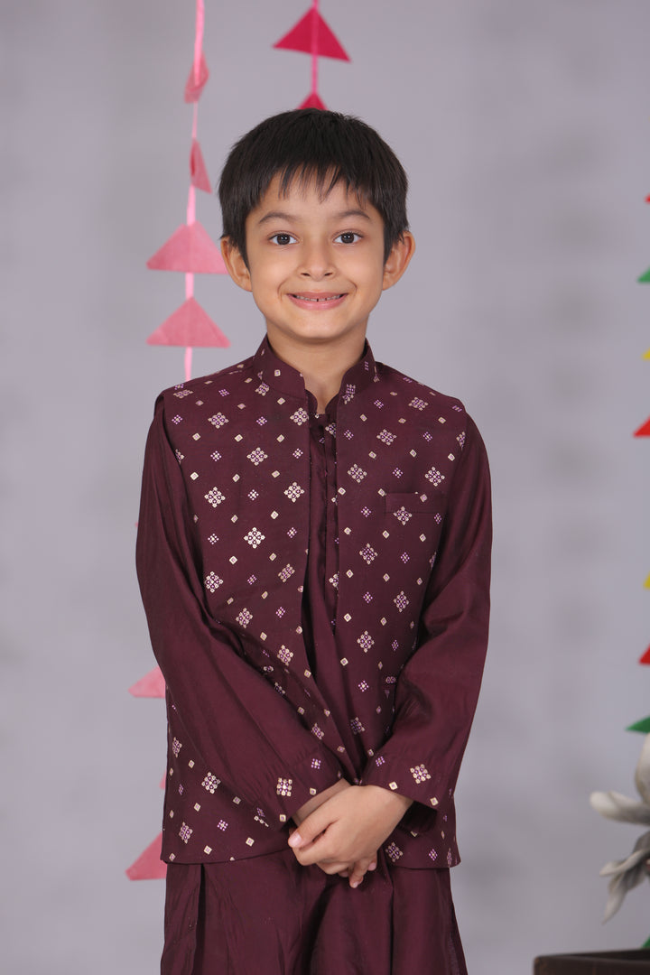 Boys Purple Cotton Silk Block Print Front Open Jacket & Kurta Set - CuddlesClothing