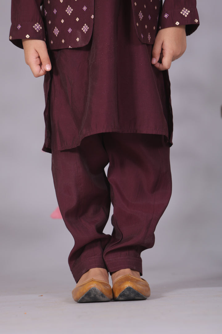 Boys Purple Cotton Silk Block Print Front Open Jacket & Kurta Set - CuddlesClothing