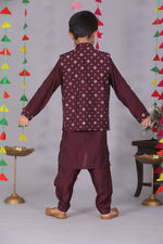 Load image into Gallery viewer, Boys Purple Cotton Silk Block Print Front Open Jacket &amp; Kurta Set - CuddlesClothing