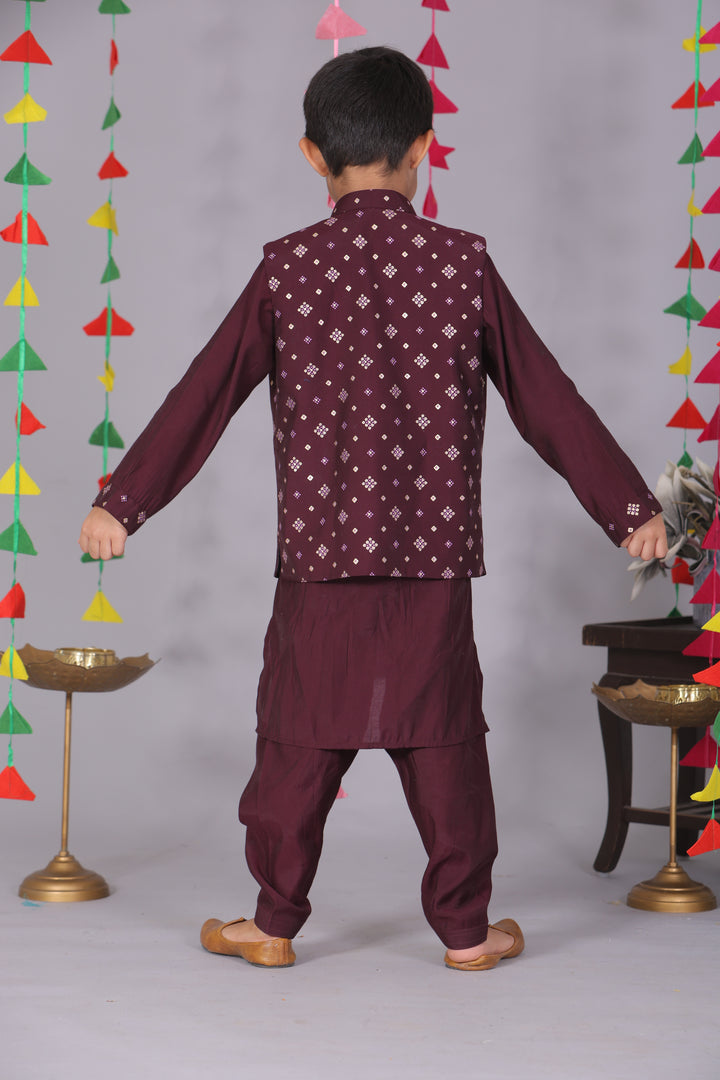Boys Purple Cotton Silk Block Print Front Open Jacket & Kurta Set - CuddlesClothing