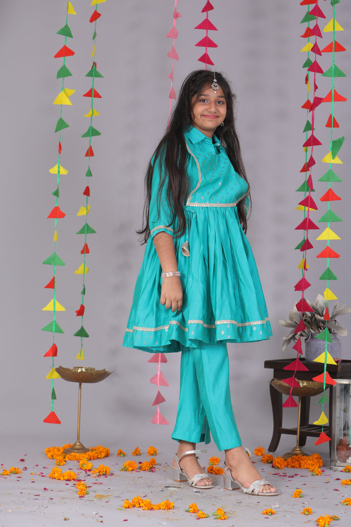 Girls Blue Cotton Silk Block Print Kurta Set - CuddlesClothing