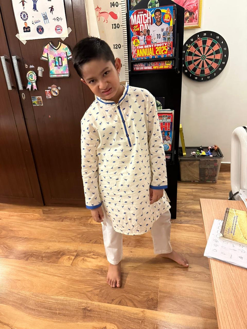 Boys White & Blue Dinosaur Print Cotton Kurta - CuddlesClothing