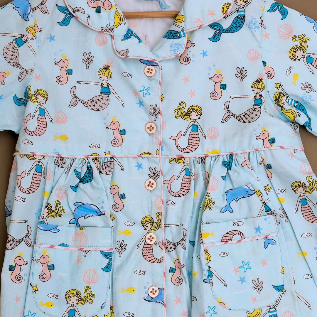 Mermaid Print Cotton Nightsuit for Girls - CuddlesClothing