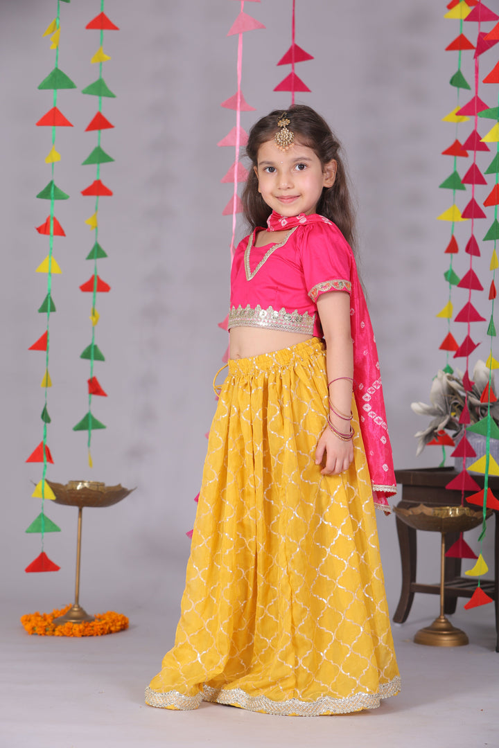 Girls Silk Pink & Yellow Festive Lehenga Choli Set - CuddlesClothing