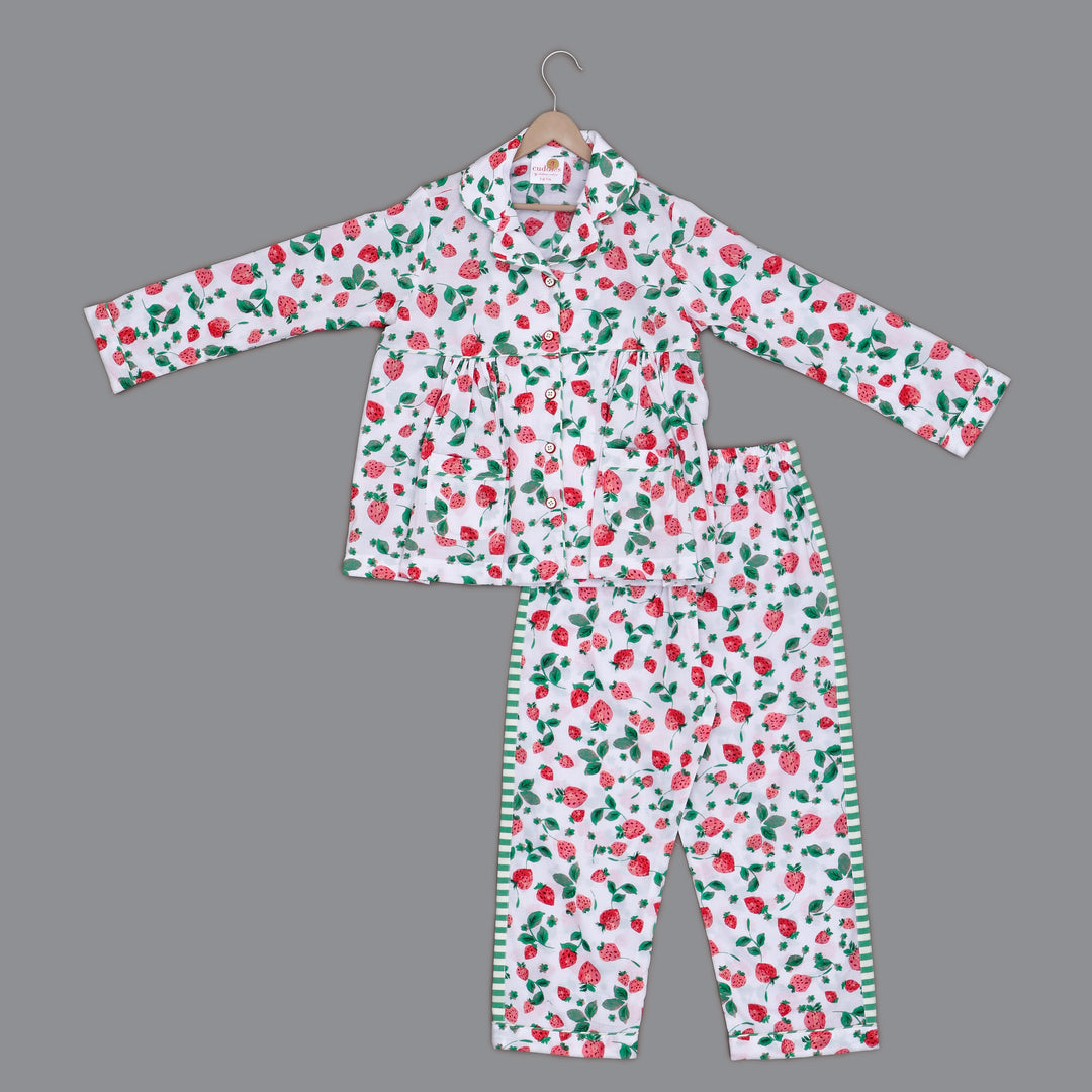 White & Red Strawberry Print Cotton Nightsuit - CuddlesClothing