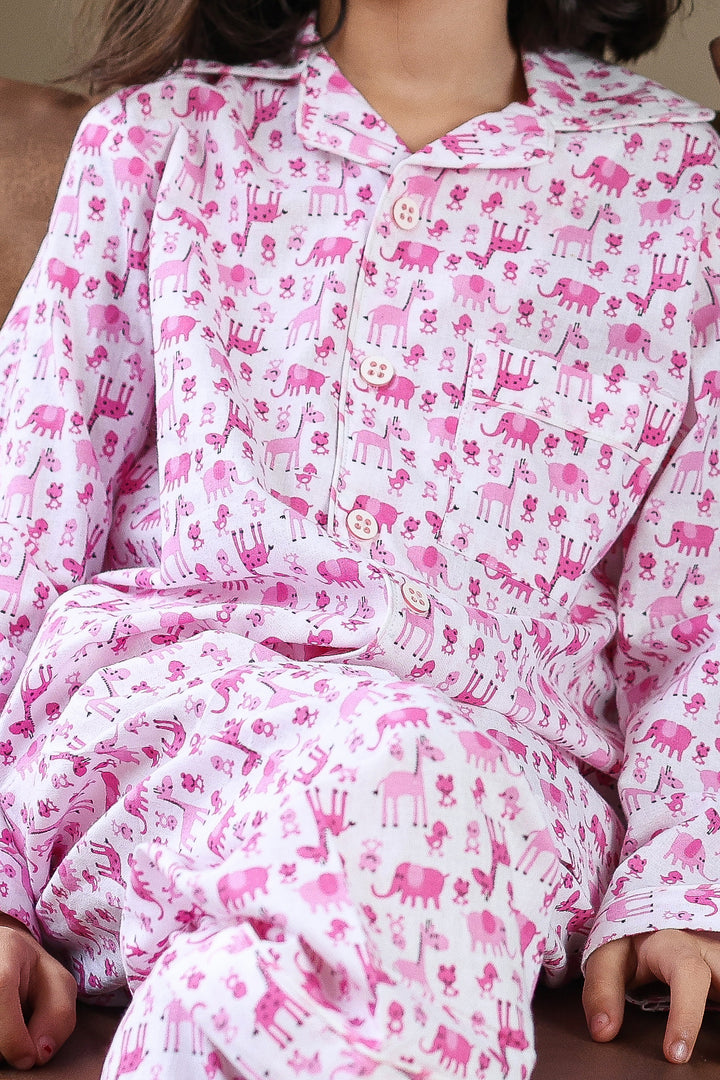 Girls Pink Safari Animals Print Nightsuit - CuddlesClothing