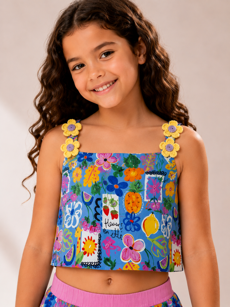Floral Cotton Top & Skirt Set with Pintuck Details